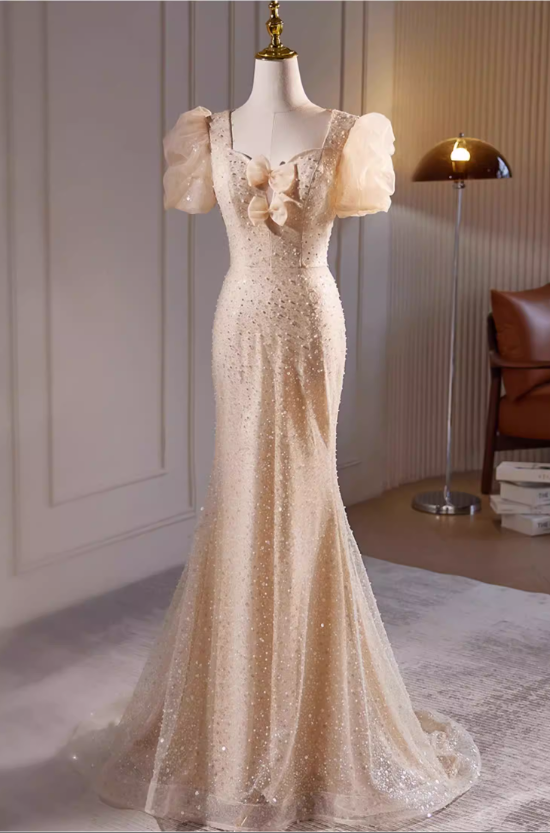 Elegant Champagne Sequin Puff Sleeve Mermaid Evening Gown DP7899