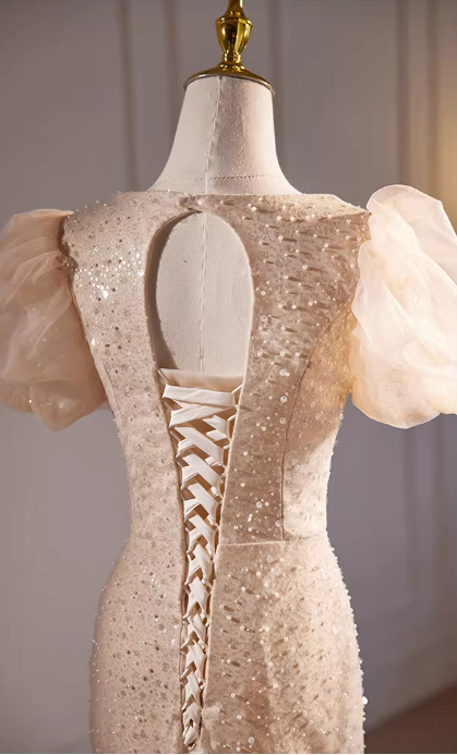 Elegant Champagne Sequin Puff Sleeve Mermaid Evening Gown DP7899