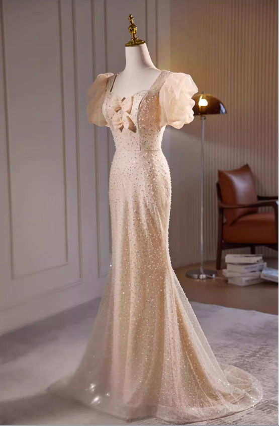 Elegant Champagne Sequin Puff Sleeve Mermaid Evening Gown DP7899