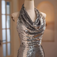 Elegant Silver Sequin Halter Mermaid Evening Gown DP7900