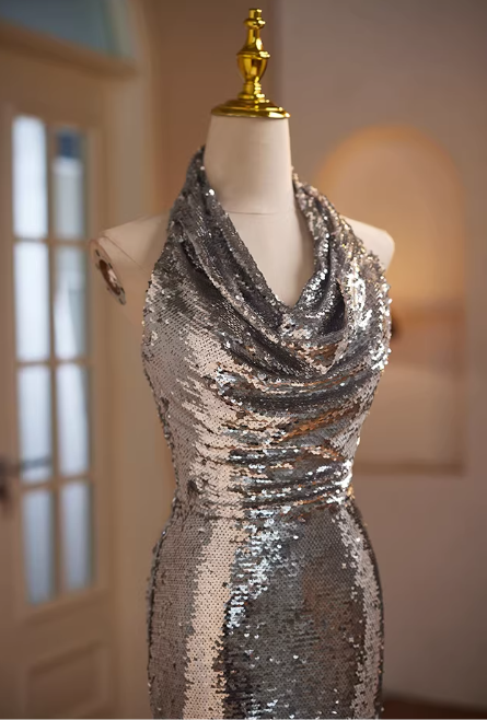 Elegant Silver Sequin Halter Mermaid Evening Gown DP7900