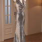 Elegant Silver Sequin Halter Mermaid Evening Gown DP7900