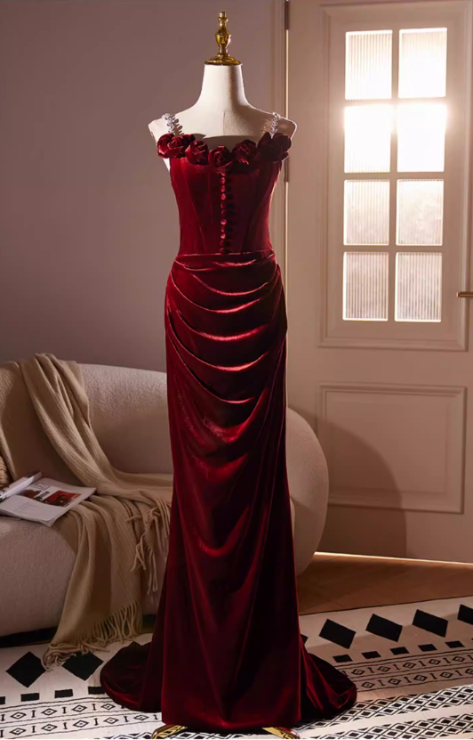 Elegant Burgundy Velvet 3D Rose Applique Evening Gown DP7901