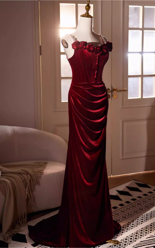 Elegant Burgundy Velvet 3D Rose Applique Evening Gown DP7901
