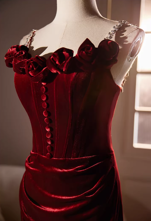 Elegant Burgundy Velvet 3D Rose Applique Evening Gown DP7901