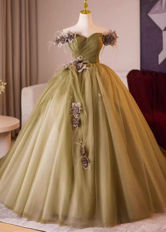 Elegant Olive Green Off-the-Shoulder Floral Tulle Sweet 15 Quinceanera Ball Gown DP7902