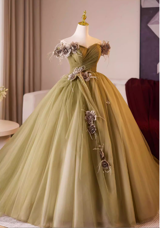 Elegant Olive Green Off-the-Shoulder Floral Tulle Sweet 15 Quinceanera Ball Gown DP7902