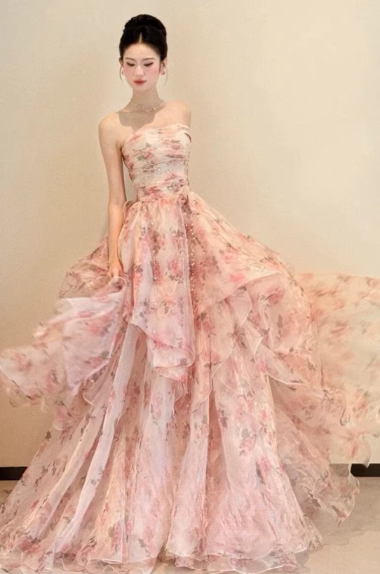Elegant Pink Floral Tulle Strapless Beaded Evening Gown DP7903