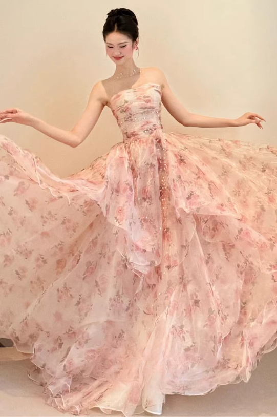 Elegant Pink Floral Tulle Strapless Beaded Evening Gown DP7903