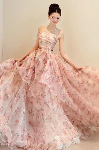 Elegant Pink Floral Tulle Strapless Beaded Evening Gown DP7903