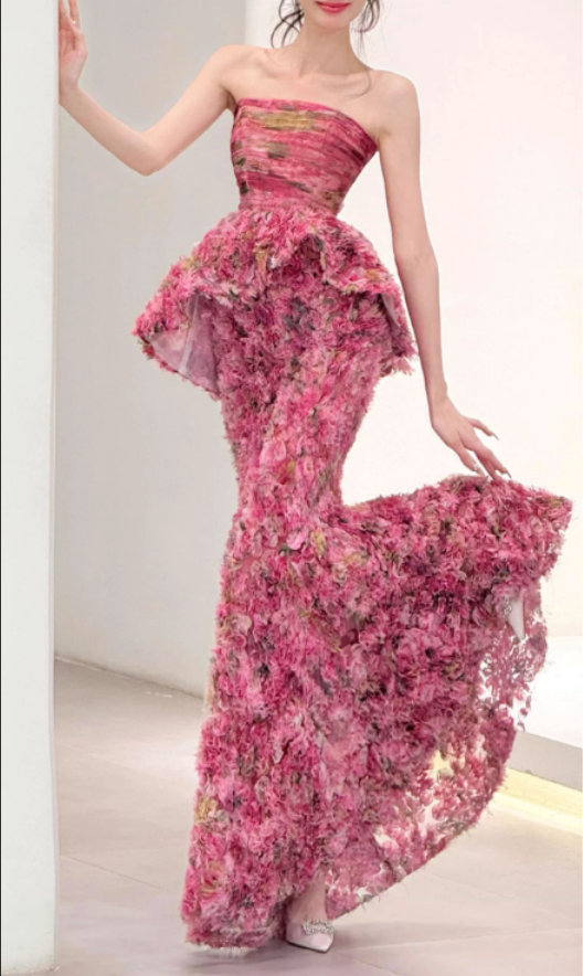 Glamorous Floral Textured Strapless Prom Dress Peplum Mermaid Evening Gown DP7904