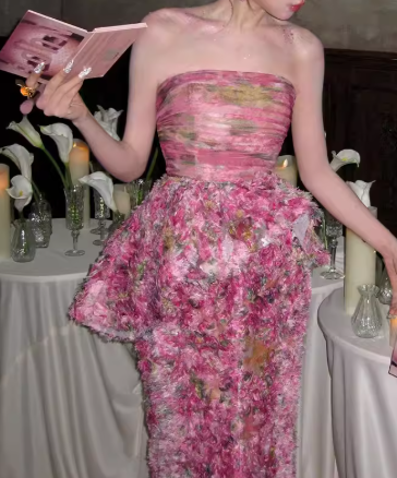 Glamorous Floral Textured Strapless Prom Dress Peplum Mermaid Evening Gown DP7904