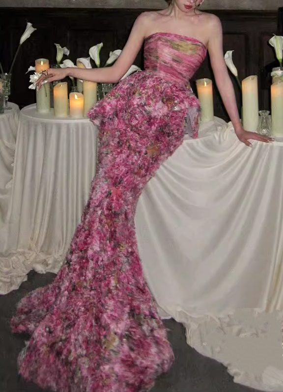 Glamorous Floral Textured Strapless Prom Dress Peplum Mermaid Evening Gown DP7904