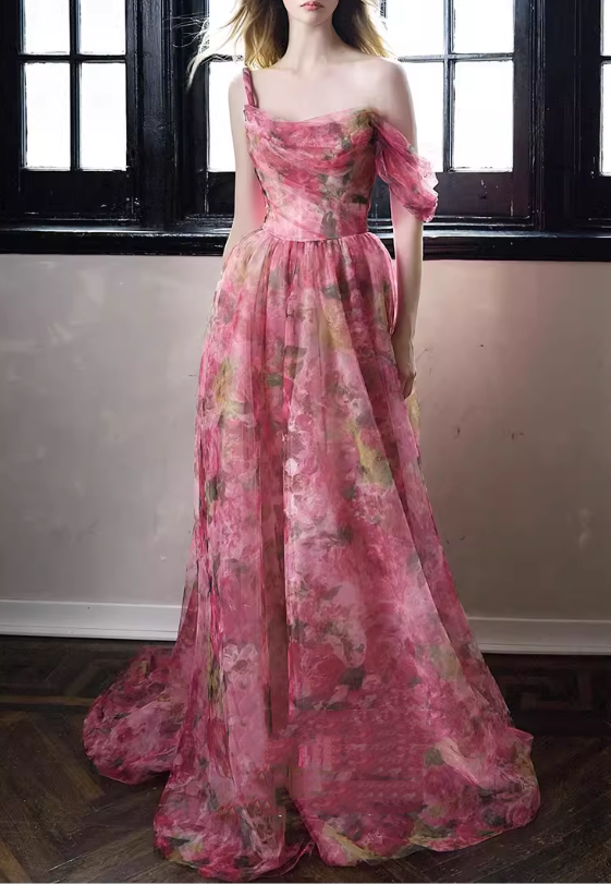 Glamorous Pink Floral Off-the-Shoulder Tulle Evening Gown DP7905