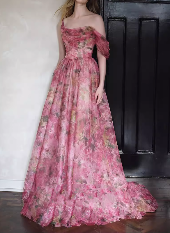 Glamorous Pink Floral Off-the-Shoulder Tulle Evening Gown DP7905