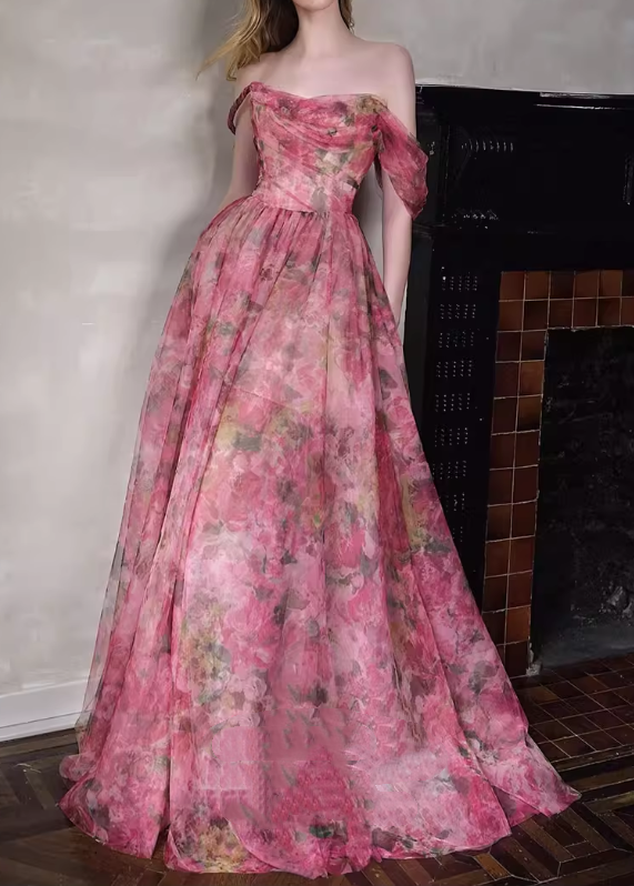 Glamorous Pink Floral Off-the-Shoulder Tulle Evening Gown DP7905