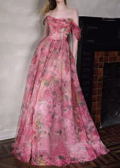 Glamorous Pink Floral Off-the-Shoulder Tulle Evening Gown DP7905