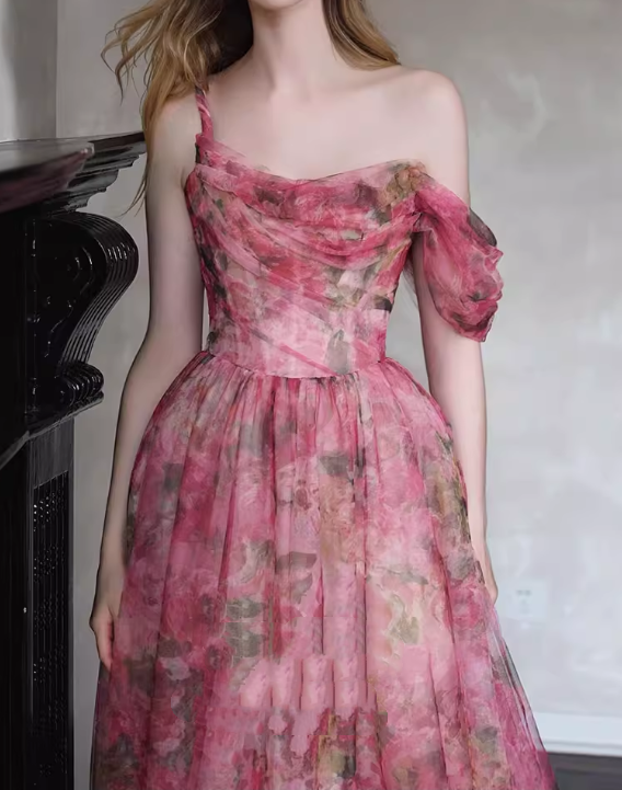 Glamorous Pink Floral Off-the-Shoulder Tulle Evening Gown DP7905