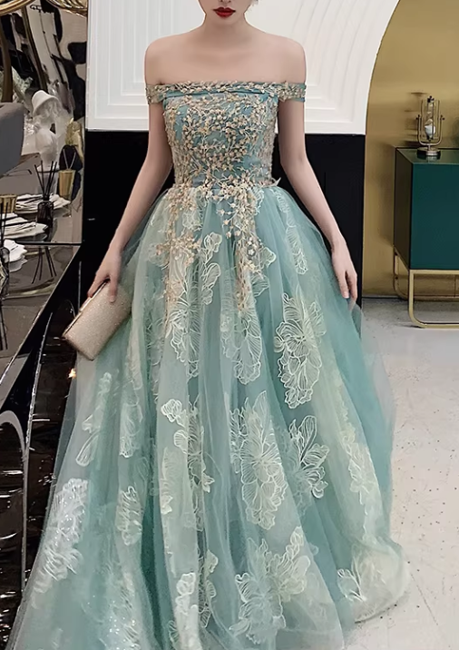 Glamorous Sage Green Off-the-Shoulder Gold Lace Applique Evening Gown DP7906