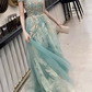 Glamorous Sage Green Off-the-Shoulder Gold Lace Applique Evening Gown DP7906
