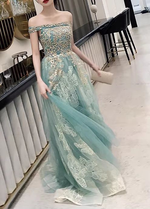 Glamorous Sage Green Off-the-Shoulder Gold Lace Applique Evening Gown DP7906