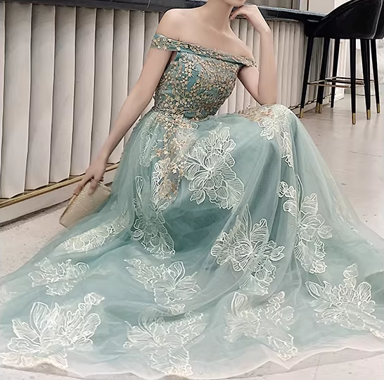 Glamorous Sage Green Off-the-Shoulder Gold Lace Applique Evening Gown DP7906