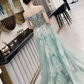 Glamorous Sage Green Off-the-Shoulder Gold Lace Applique Evening Gown DP7906