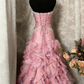 Glamorous Pink Strapless Mermaid Prom Dress Ruffled Organza Evening Gown DP7908