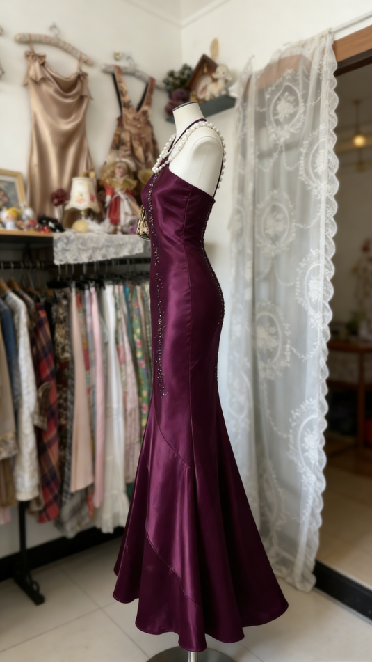 Robe de bal sirène glamour à col halter en satin orné de perles DP7909