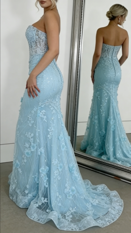 Enchanted Sky Blue Sweetheart Prom Dress Strapless Sequin Mermaid Evening Gown DP7916