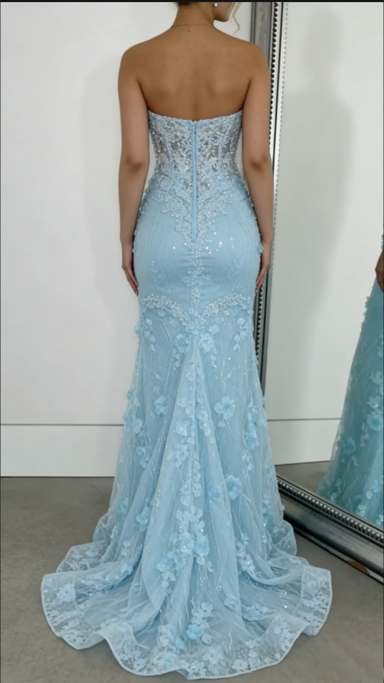 Enchanted Sky Blue Sweetheart Prom Dress Strapless Sequin Mermaid Evening Gown DP7916