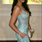 Enchanted Aqua Blue Plunge V-Neck Sequin Prom Dress Mermaid Spaghetti Strap Evening Gown DP7917