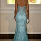 Enchanted Aqua Blue Plunge V-Neck Sequin Prom Dress Mermaid Spaghetti Strap Evening Gown DP7917