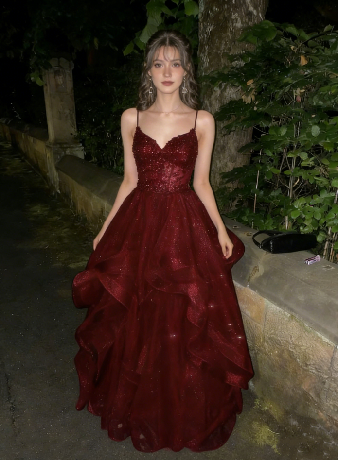Glamorous Burgundy Spaghetti Strap Sequin Ruffled Sweet 15 Quinceanera Ball Gown DP7919