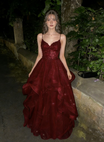 Glamorous Burgundy Spaghetti Strap Sequin Ruffled Sweet 15 Quinceanera Ball Gown DP7919
