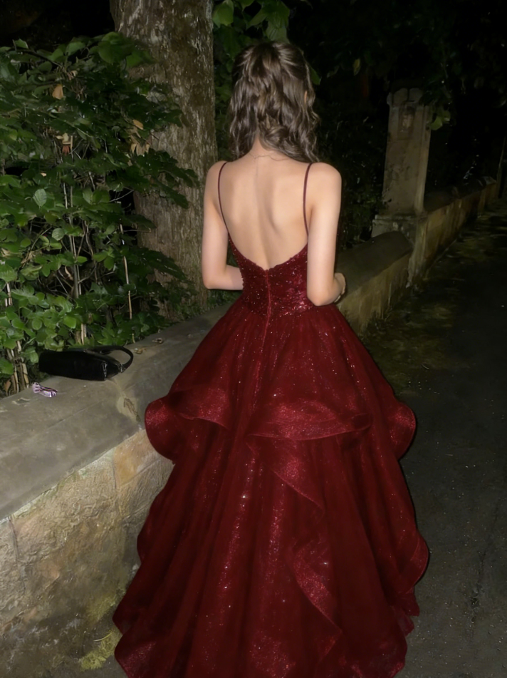 Glamorous Burgundy Spaghetti Strap Sequin Ruffled Sweet 15 Quinceanera Ball Gown DP7919