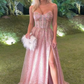 Glamorous Pink Sequin High Slit Strapless A-Line Evening Gown DP7925