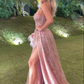 Glamorous Pink Sequin High Slit Strapless A-Line Evening Gown DP7925