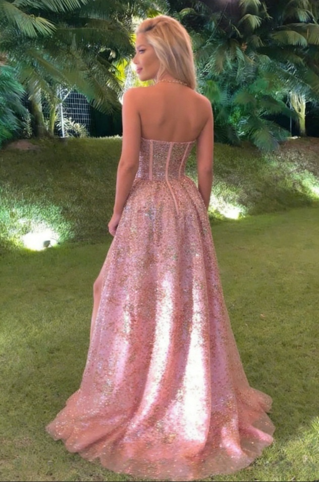 Glamorous Pink Sequin High Slit Strapless A-Line Evening Gown DP7925