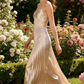Elegant Champagne Satin Pleated Maxi Prom Dress Sheath Evening Gown DP4892