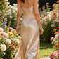 Elegant Champagne Satin Pleated Maxi Prom Dress Sheath Evening Gown DP4892