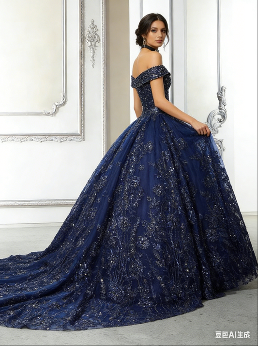 Funkelndes marineblaues schulterfreies, perlenbesticktes Ballkleid für Sweet 15 Quinceañera DP7923