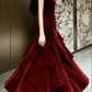 Glamorous Burgundy Velvet Tiered Prom Dress Sequins Spaghetti Strap Evening Gown DP7927