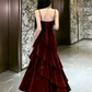 Glamorous Burgundy Velvet Tiered Prom Dress Sequins Spaghetti Strap Evening Gown DP7927