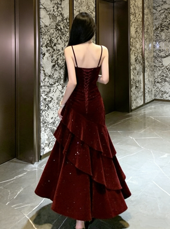 Glamorous Burgundy Velvet Tiered Prom Dress Sequins Spaghetti Strap Evening Gown DP7927