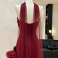 Romantic Burgundy Strapless Organza Evening Gown with Dramatic Ruffle & Tulle Scarf DP7928
