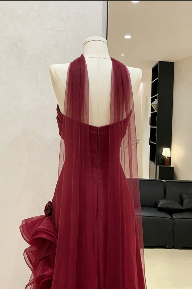 Romantic Burgundy Strapless Organza Evening Gown with Dramatic Ruffle & Tulle Scarf DP7928