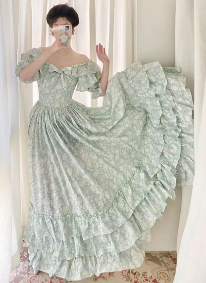 Elegant Mint Green Floral Evening Gown Off-the-Shoulder Tiered Ruffle Prom Dress DP7930