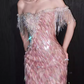 Glamorous Pink Iridescent Sequin Evening Gown Off-the-shoulder Fringe Detail Prom Dress DP7931