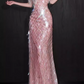 Glamorous Pink Iridescent Sequin Evening Gown Off-the-shoulder Fringe Detail Prom Dress DP7931